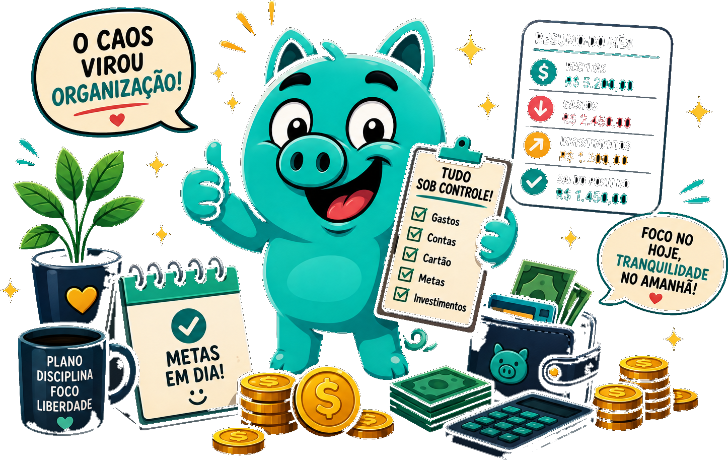 Mascote do Contas & Caos tranquilo, com o resumo do mês organizado e saldo positivo