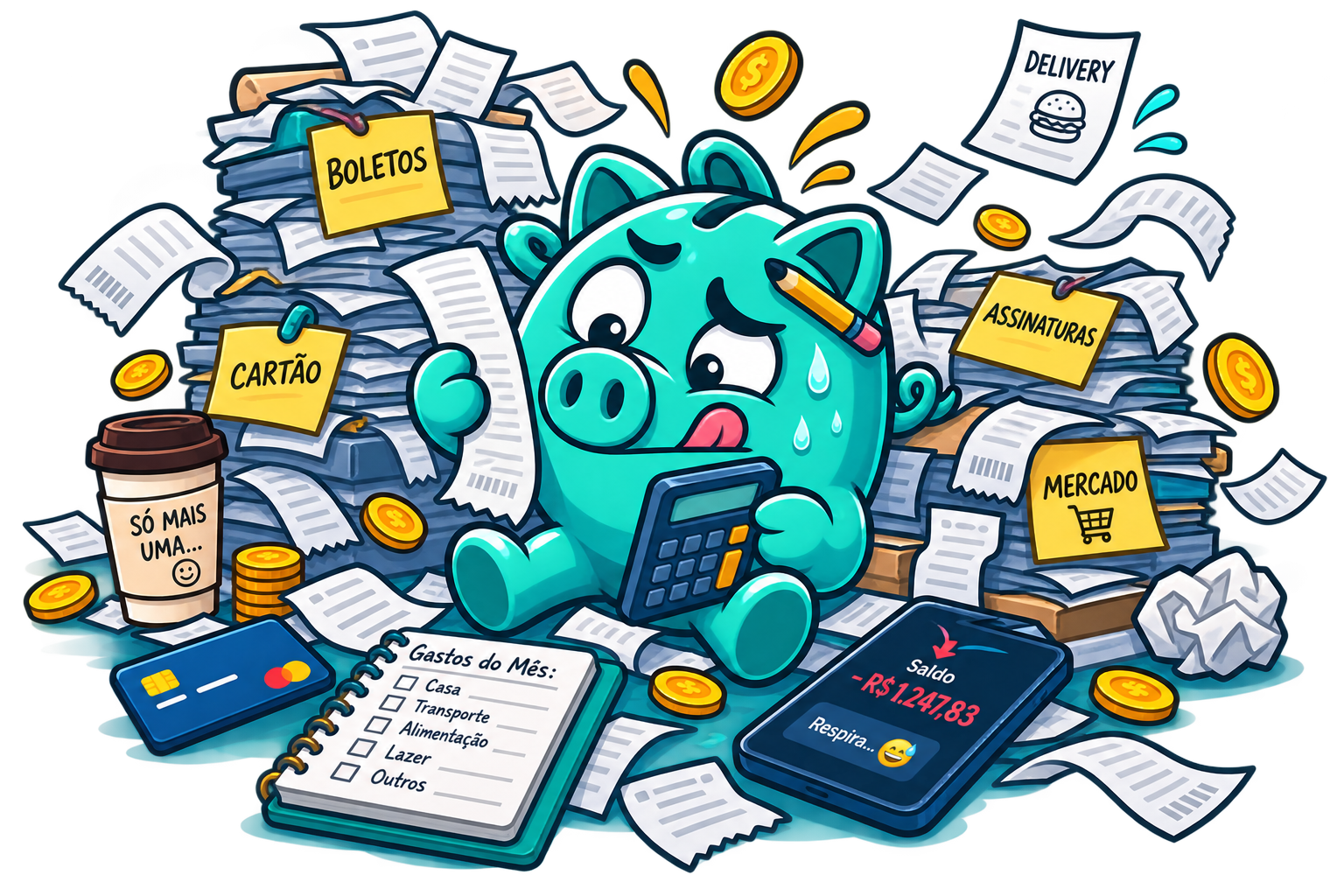Mascote do Contas & Caos organizando pilhas de boletos e contas
