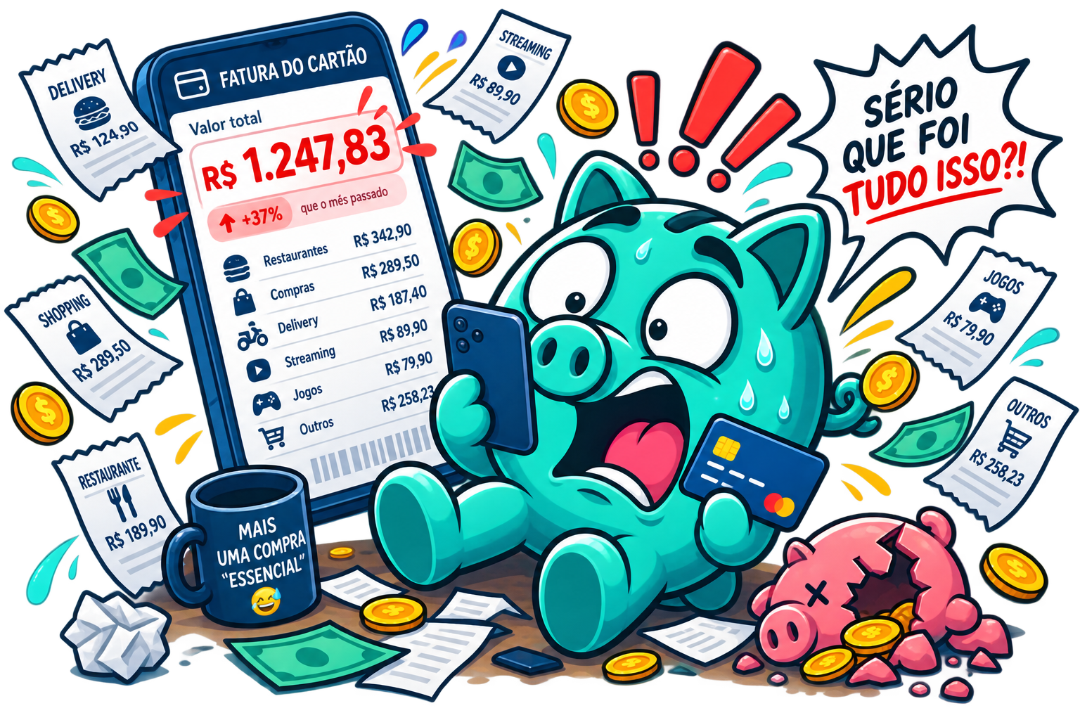 Mascote do Contas & Caos chocado ao olhar a fatura do cartão no celular